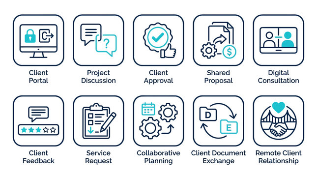 Set of ten vector business client management and communication flat icons with management communication proposal approval consultation feedback discussion