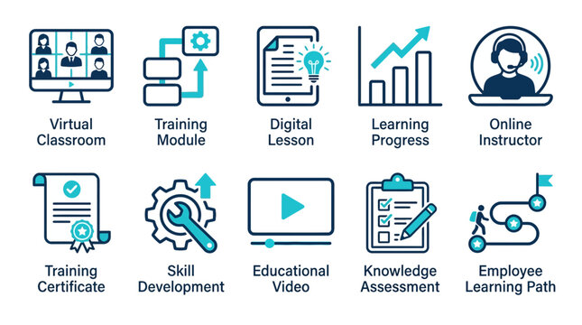 Set of ten vector online learning and professional training flat icons with learning training education classroom knowledge certificate development