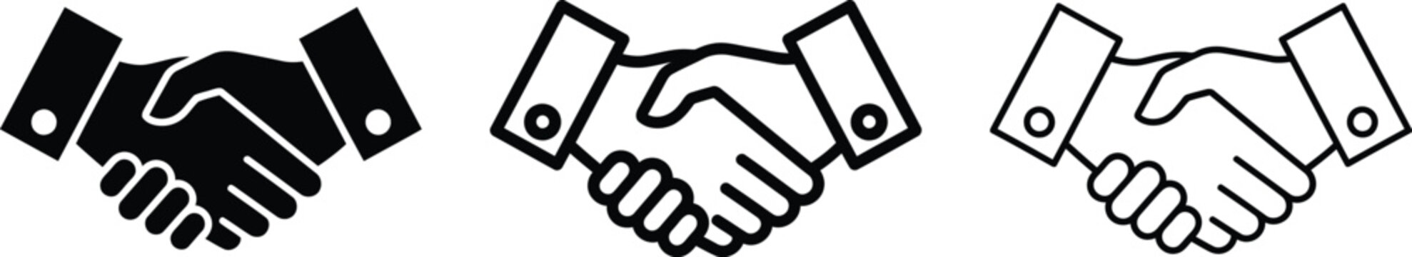 Business handshake icons set featuring solid glyph, bold outline, and thin line designs for partnership agreement, deal contract, successful collaboration, and corporate meeting symbols.