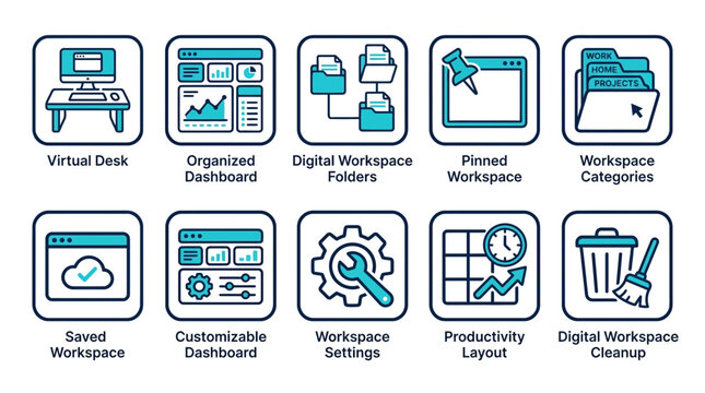Set of ten vector digital workspace and organization flat icons with workspace organization dashboard productivity settings management interface computer