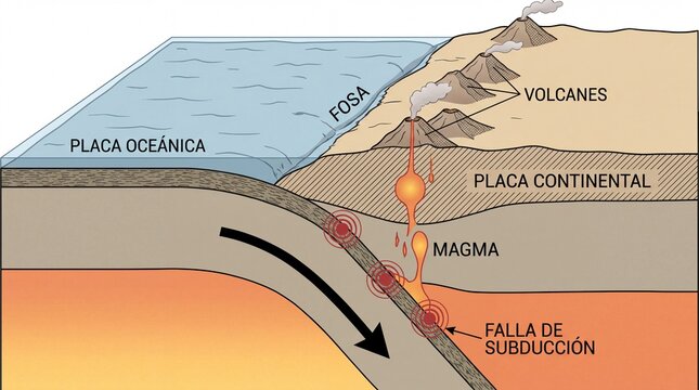 Subduction zone geological diagram illustrating oceanic plate beneath continental plate, causing volcanic activity and magma upwelling.