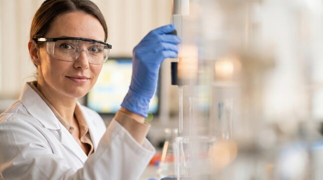 Female scientist performing laboratory experiment with titration equipment, scientific research and development.