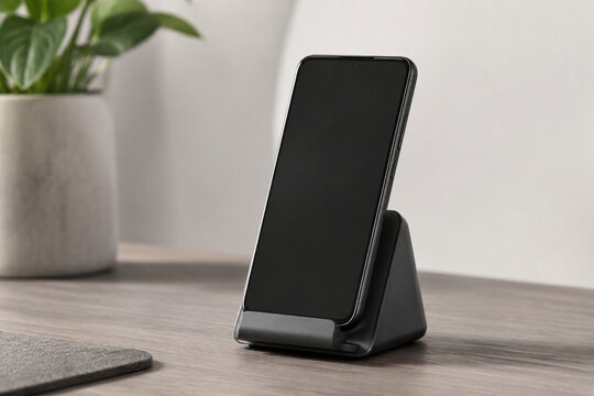 Graphite wireless charging stand with blank screen smartphone
