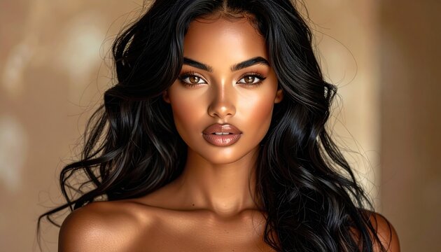 A close-up portrait of a confident woman with glowing skin, dark wavy hair, and striking makeup against a neutral background.