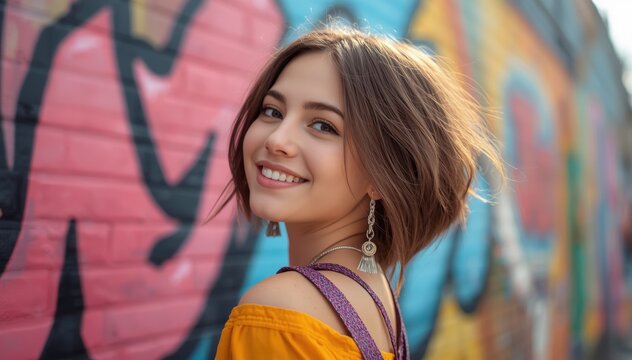 A young woman with short brown hair smiles brightly, wearing an orange off-shoulder top and statement earrings in front of a colorful graffiti wall.