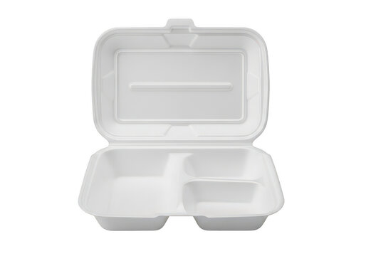 Open empty white foam food container with three compartments isolated on transparent background