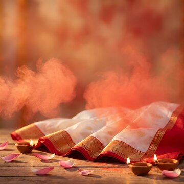 Durga puja festive background with white saree red border and oil lamp.