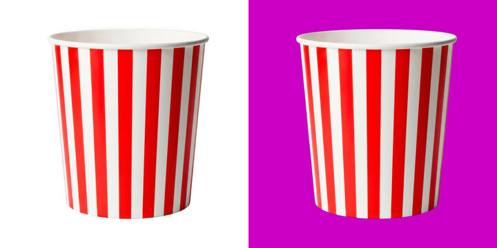 Red and white striped popcorn bucket for cinema snacks and movie theater treats transparent png