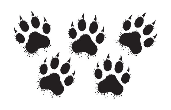 Grungy dirty wild animal predator paw prints with sharp claws silhouettes vector illustration.