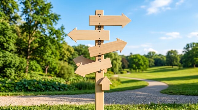 A wooden signpost with multiple blank arrows points in different directions, set in a green park under a blue sky.