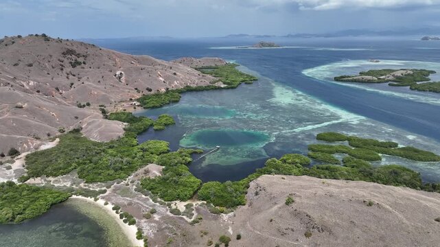 Aerial view of the natural scenery of the coastline of Sebayur Island, East Nusa Tenggara Province, Indonesia