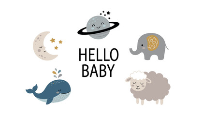 Cute nursery poster vector illustration featuring hello baby text surrounded by sleeping crescent moon whale saturn planet elephant and sheep © Sakouat