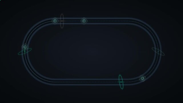 Futuristic digital track with rotating geometric nodes moving along a dark oval pathway dark background digital rotation tech background glowing points circular