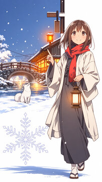 Anime girl in kimono with lantern and decorative snowflakes，ランタンを持つ着物姿の少女と雪の結晶を描いたアニメイラスト