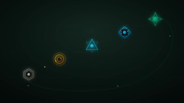 Futuristic interface with glowing geometric icons orbiting a central path glowing shapes orbital path digital symbols science fiction technology design