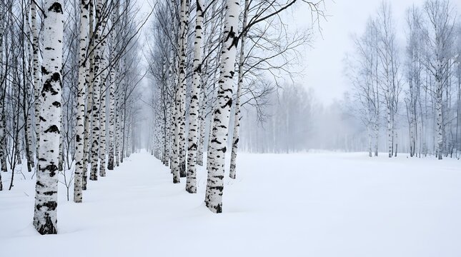 Bare white birch trees in snowy forest path