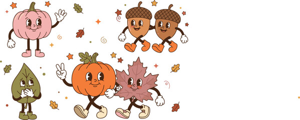 Obraz premium Cute retro groovy autumn characters vector illustration bundle featuring happy pumpkins acorns and fall leaves for thanksgiving design