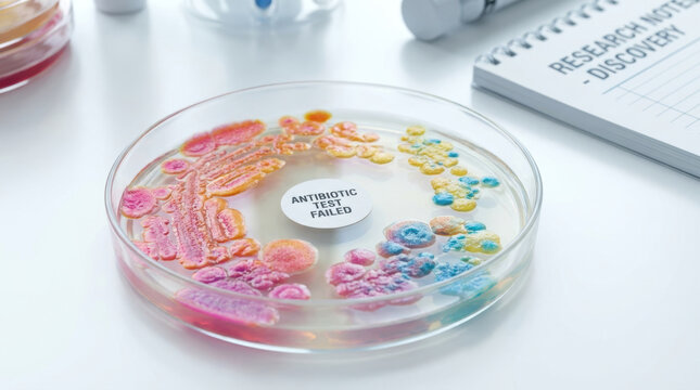 Antibiotic resistance research in laboratory explores colorful bacterial culture with failed test result and scientific discovery