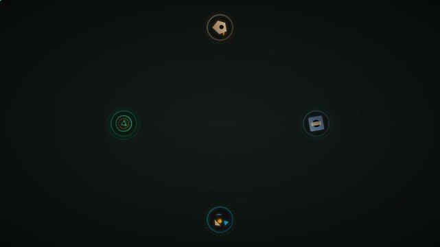 Abstract circular interface with four orbiting geometric icons on dark background orbiting elements digital dashboard hud design tech background minimalist icons
