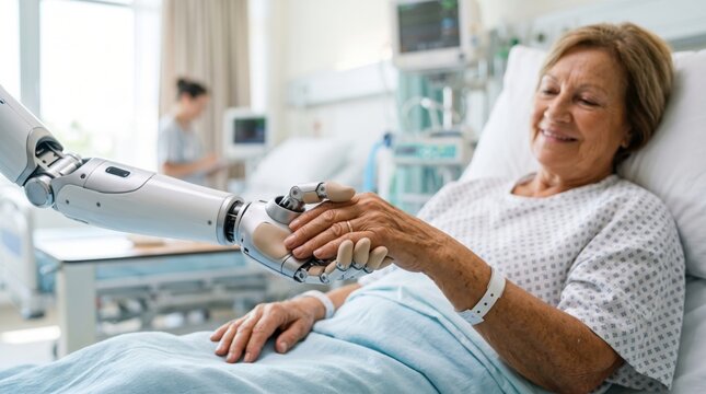 An elderly woman in a hospital bed holds hands with a robotic prosthetic, symbolizing advanced medical technology and compassionate care.