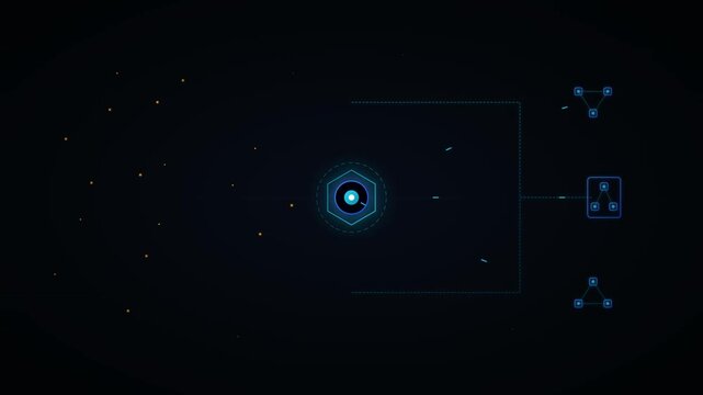 Digital data hub with branching connections and particle swarm on dark background digital connection network branching glowing nodes technology interface