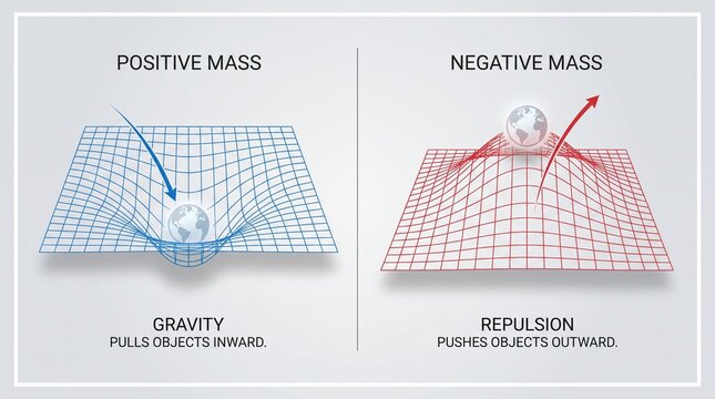 Infographic comparing positive mass gravity and negative mass repulsion in spacetime grid.
