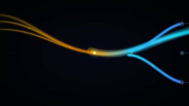 Abstract digital motion graphics showing glowing orange and blue light paths connecting on dark background light path glowing lines abstract technology