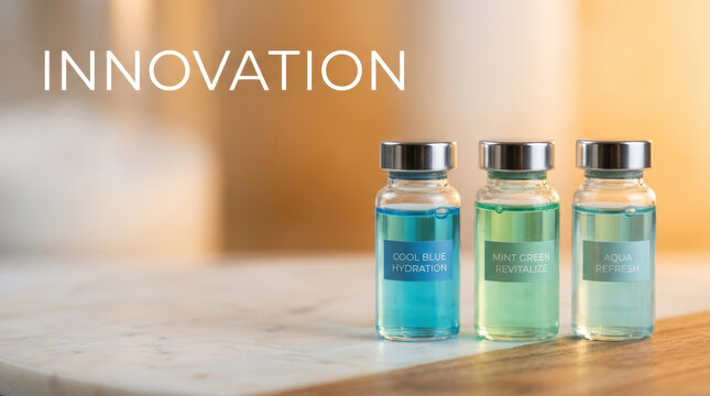 Innovation healthcare biotech funding with colorful hydration vial collection on bright laboratory surface evokes medical progress and optimism