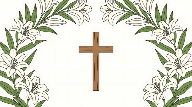Christian cross with white lily flower border illustration.