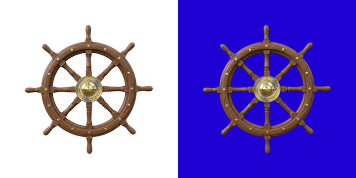 Traditional vintage wooden ship wheel with golden brass center hub design transparent png