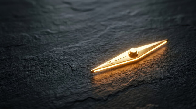 Strategic glowing navigation path on golden compass resting against dark textured stone, evoking direction, travel, discovery, and quiet confidence