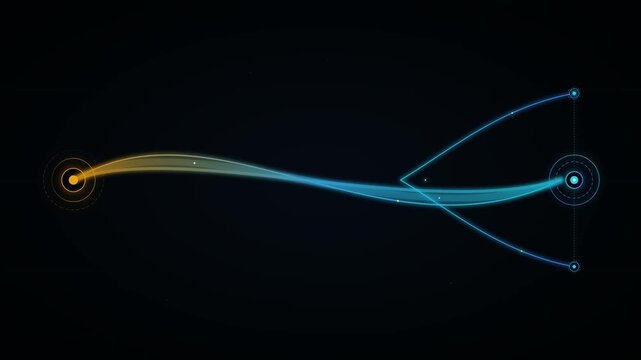 Dynamic digital animation showing flowing light path between glowing orange and blue circular nodes digital connection network link abstract technology data
