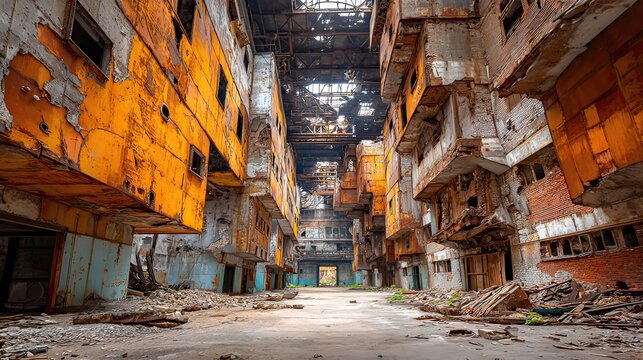 Abandoned Industrial Warehouse with Rusted Metal Walls and Crumbling Concrete Interiors in Distressed Urban Setting