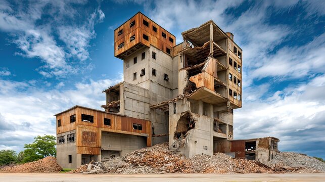 Abandoned industrial building with dramatic sky and debris in foreground showcasing urban decay and architectural disintegration