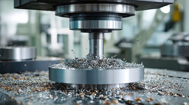 Industrial Machine Milling Process with Metal Shavings and Cutting Tool in Workshop Environment