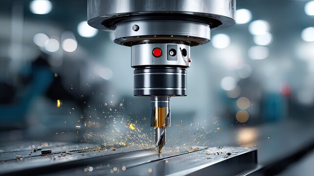 Precision metalworking tool in action creating sparks on a factory floor with blurred background for industrial applications