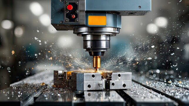 High-Precision CNC Milling Machine Cutting Metal with Sparks and Steel Shavings in a Workshop Environment