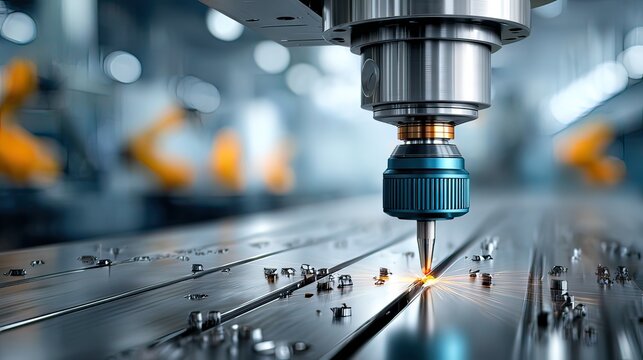Precision machining process with CNC router cutting metal parts in a modern industrial workshop environment