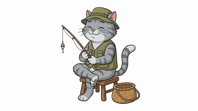 Cute Gray Cat Fishing with a Rod