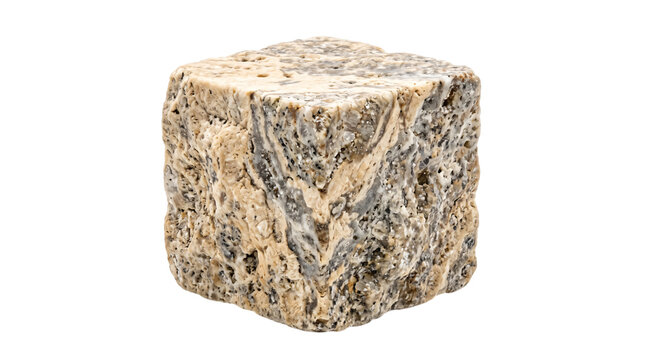 Granite stone cube photo. Textured mineral block with rough surface isolated on white background