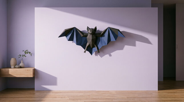 Low poly origami bat wall decor on a lilac wall in a bright modern room, minimal halloween interior background