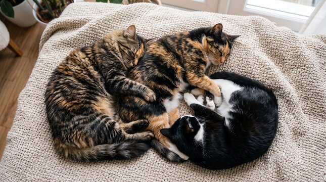 Top-down view of three fluffy cats sleeping peacefully together curled up on a soft beige knitted blanket in a cozy bed
