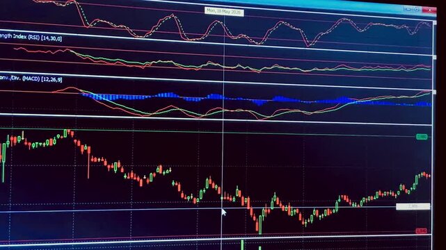Close-up shot of an online trading platform showing a financial candlestick graph with RSI and MACD indicators analyzed by a moving pointer. Perfect commercial asset for technical analysis.