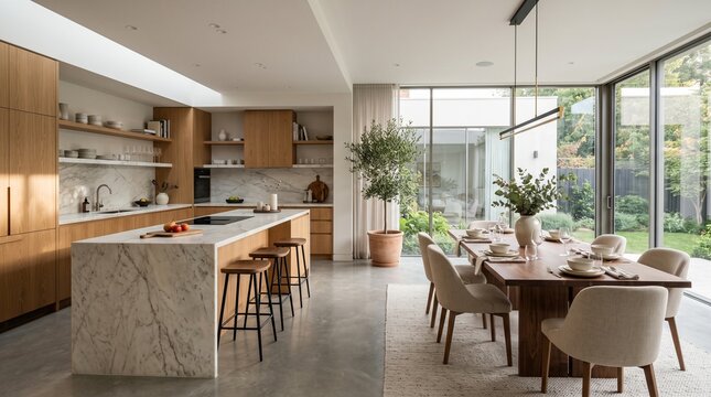 Modern open-plan kitchen and dining room with marble waterfall island, wooden cabinets, and glass doors opening to a lush garden