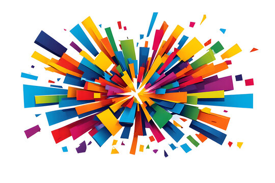 Vibrant abstract explosion of colorful 3D geometric blocks and shards isolated on white background