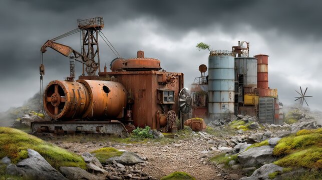 Abandoned Industrial Scene with Rusty Machinery and Overgrown Grass Under Dramatic Cloudy Sky