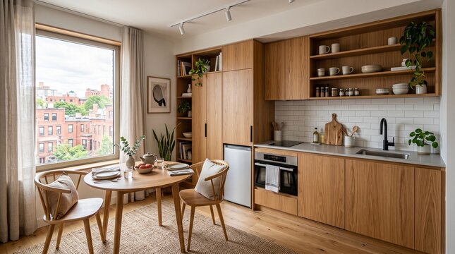 Cozy apartment kitchen with wooden cabinets, small dining table, open shelving, and a large window overlooking a city neighborhood