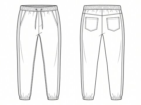 Technical flat sketch of jogger track pants with drawstring and pockets