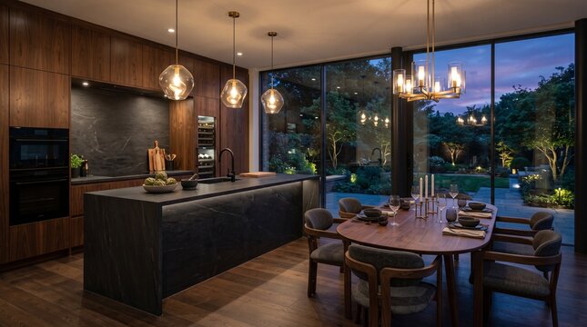 Luxurious dark wood kitchen and dining room with black marble island, stylish chandelier, and glass wall facing a night garden