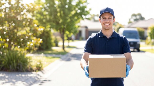 Friendly delivery service courier wearing a navy cap and polo shirt smiling while holding a cardboard parcel outside a customer house driveway.